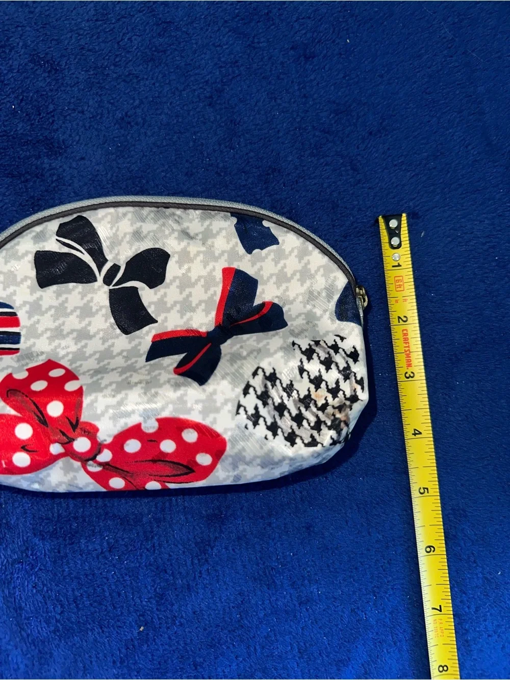 Christian Dior Vintage Houndstooth Bows Red Blue Cosmetic Pouch USA 90s Makeup